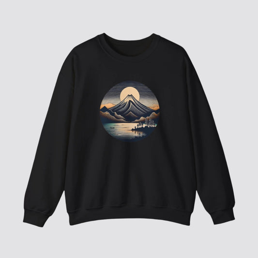 Mountain & Lake Nature-inspired Crewneck Black