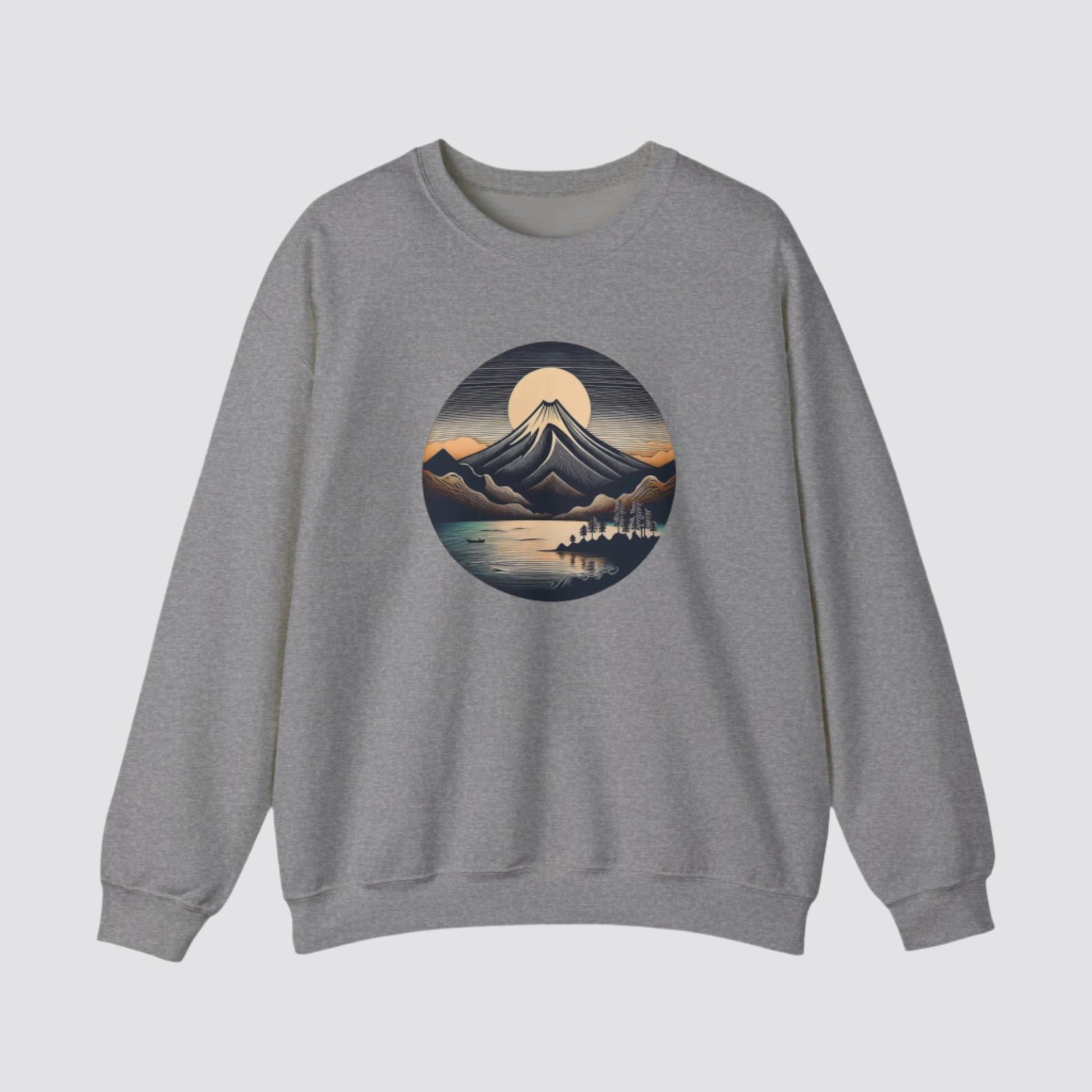 Mountain & Lake Nature-inspired Crewneck Graphite Heather