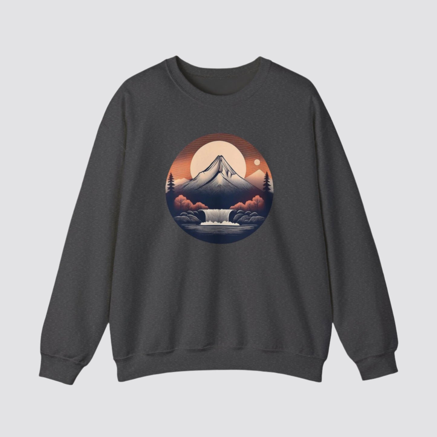 Mountain & Waterfall Nature-inspired Crewneck Dark Heather