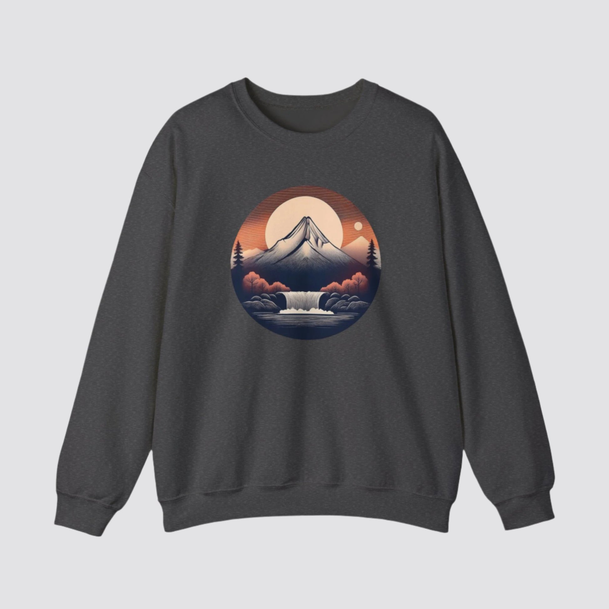 Mountain & Waterfall Nature-inspired Crewneck Dark Heather