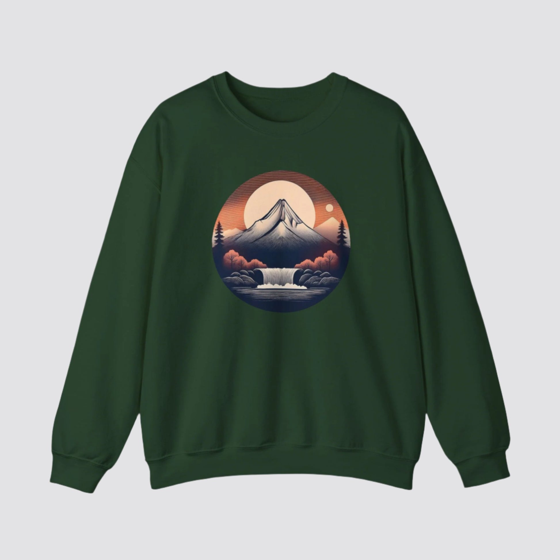 Mountain & Waterfall Nature-themed Crewneck Forest Green