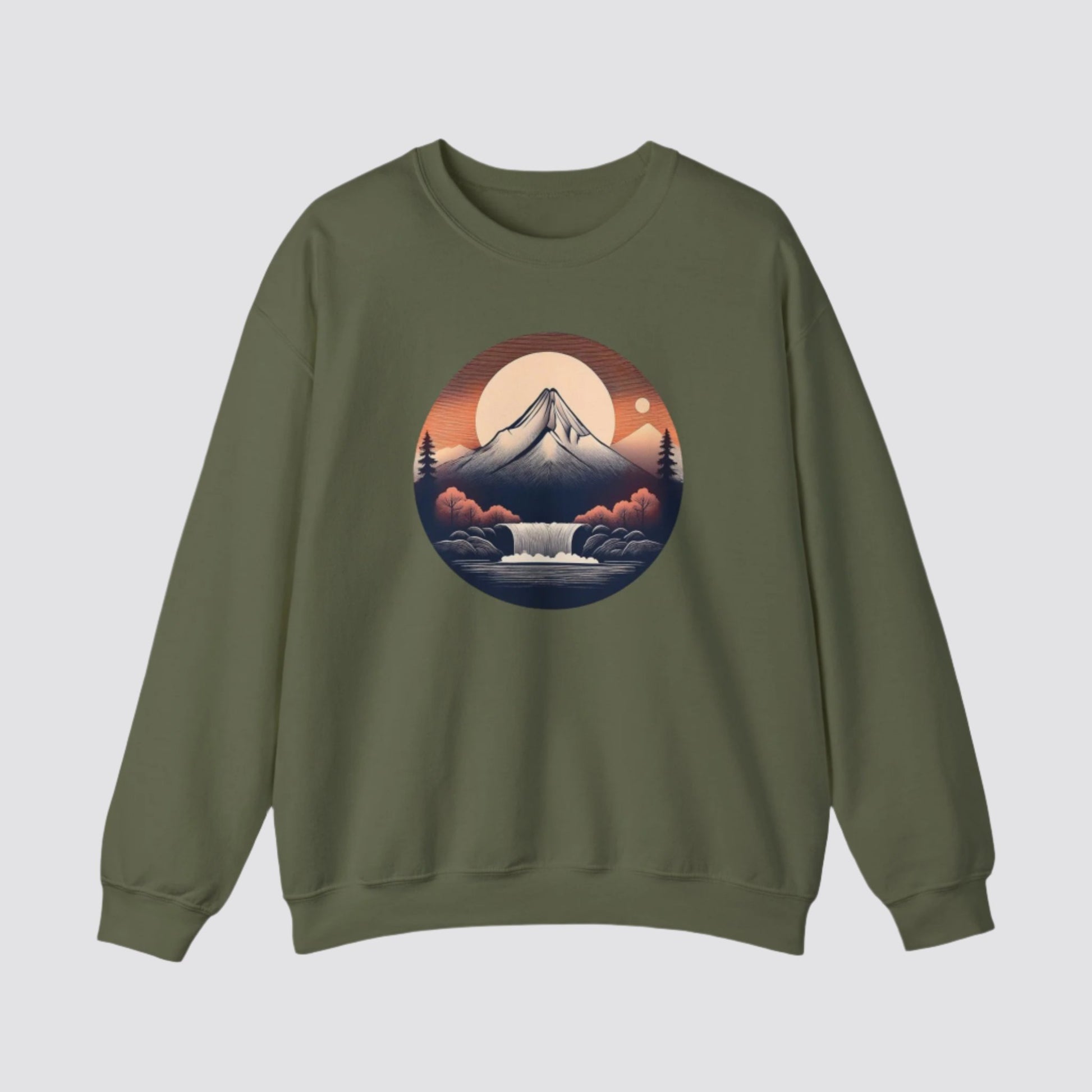 Mountain & Waterfall Nature-inspired Crewneck Military Green