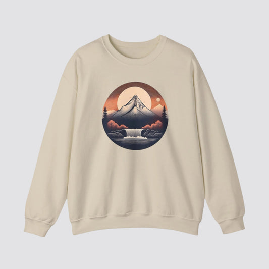 Mountain & Waterfall Nature-inspired Crewneck Sand