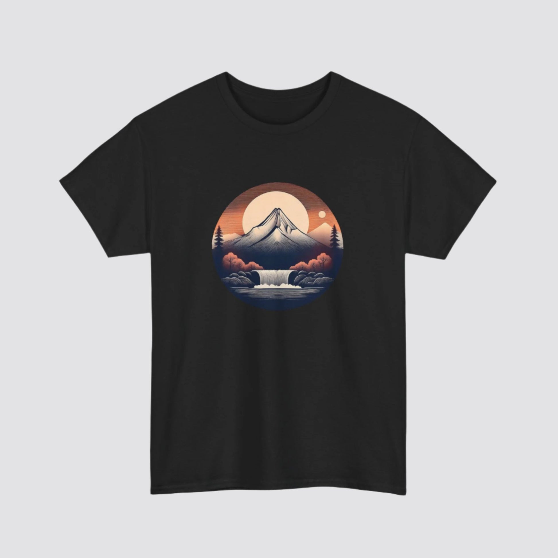 Mountain & Waterfall Nature-inspired  T-shirt Black