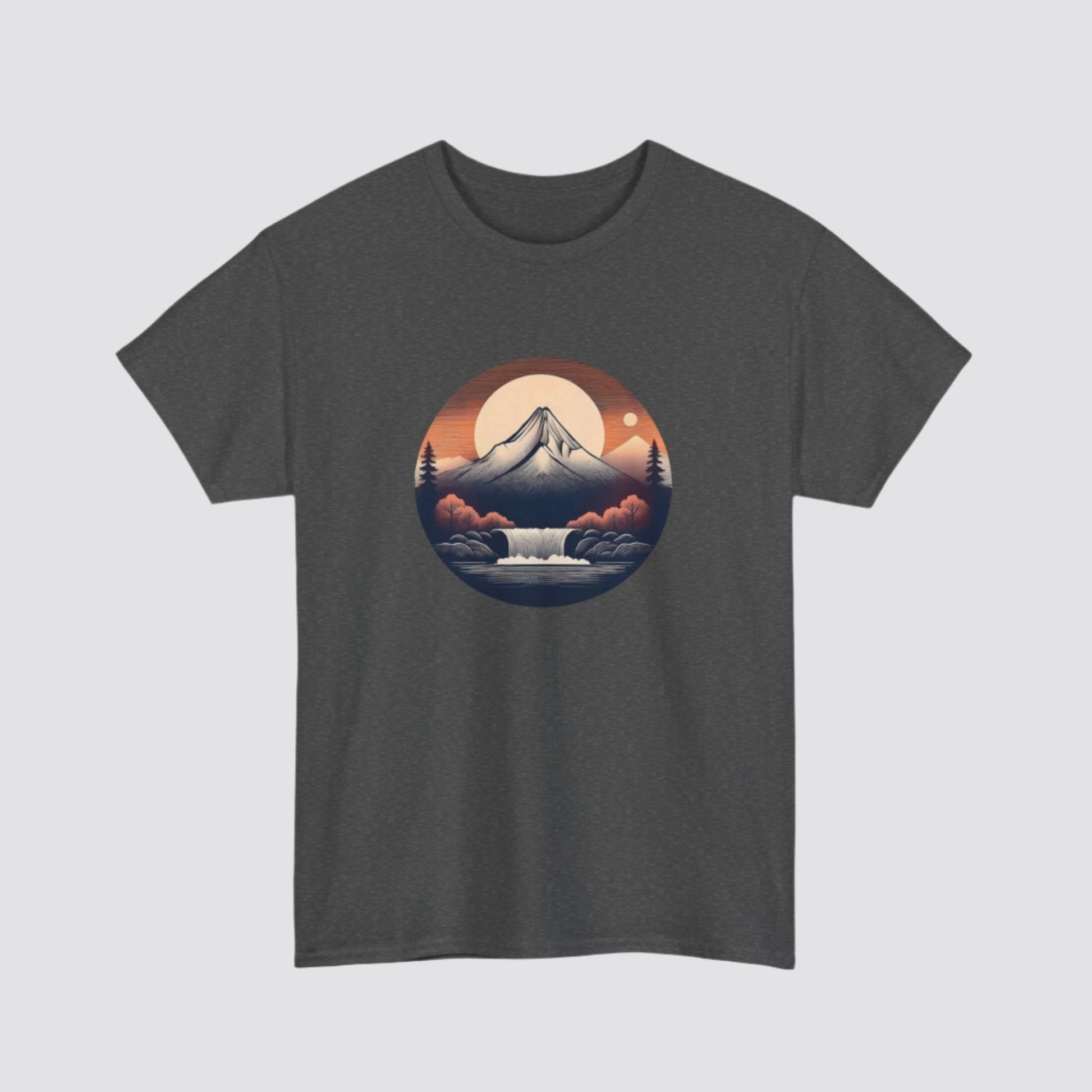Mountain & Waterfall Nature-inspired  T-shirt Dark Heather