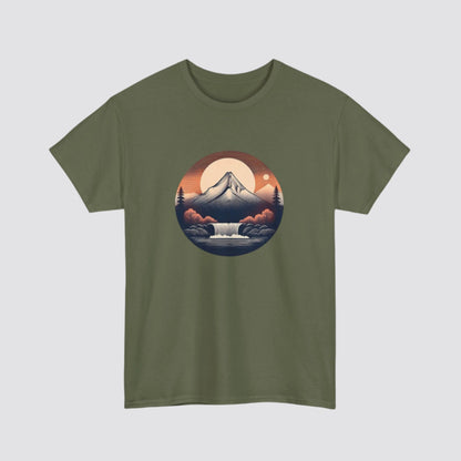 Mountain & Waterfall Nature-inspired  T-shirt Military Green