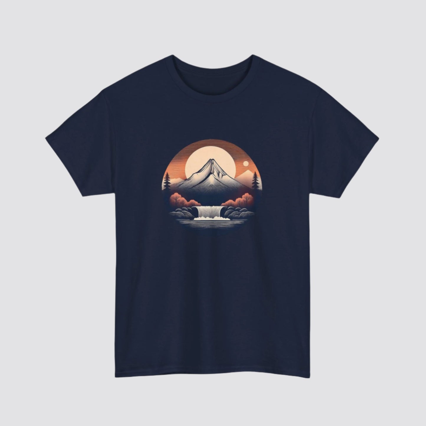 Mountain & Waterfall Nature-inspired  T-shirt Navy