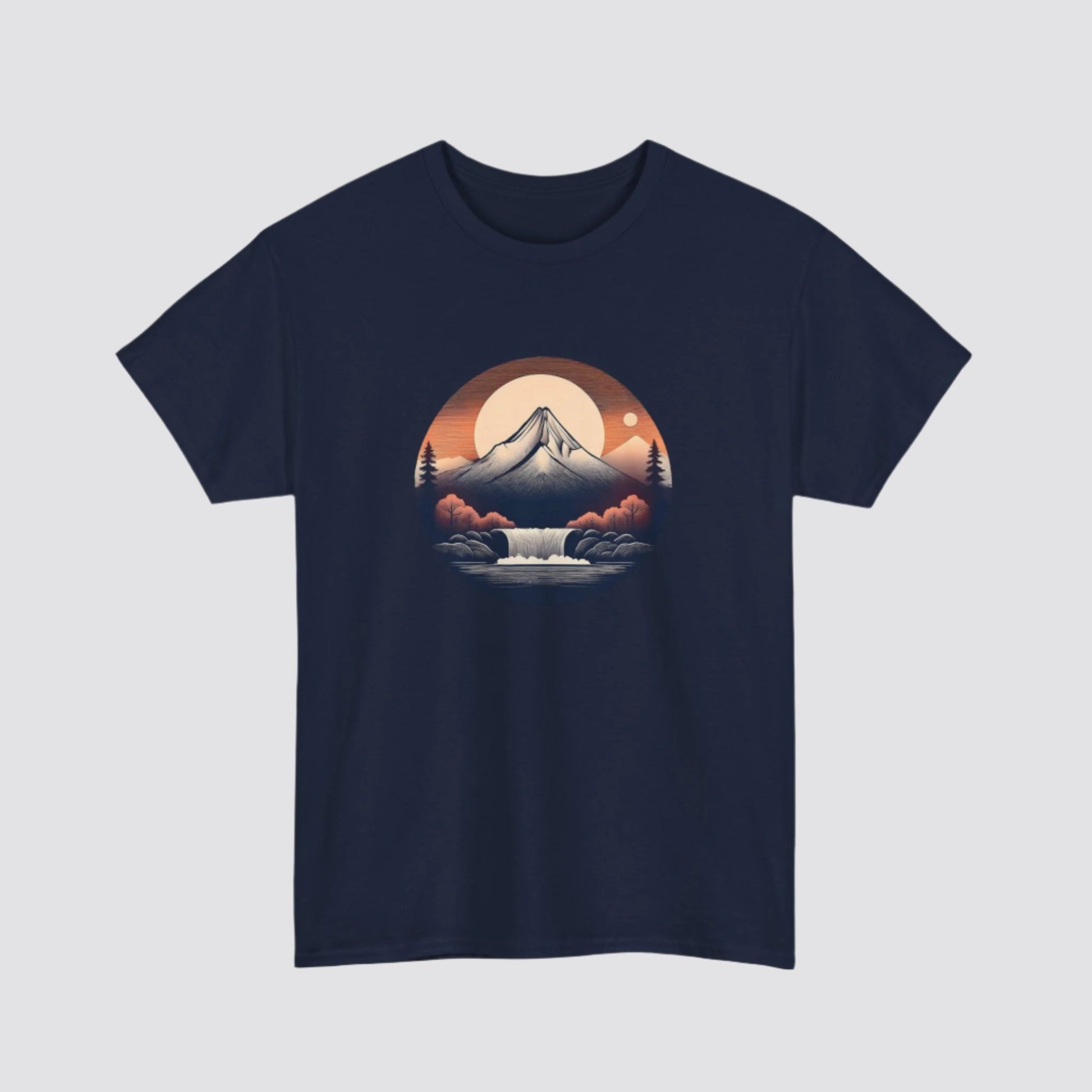 Mountain & Waterfall Nature-inspired  T-shirt Navy