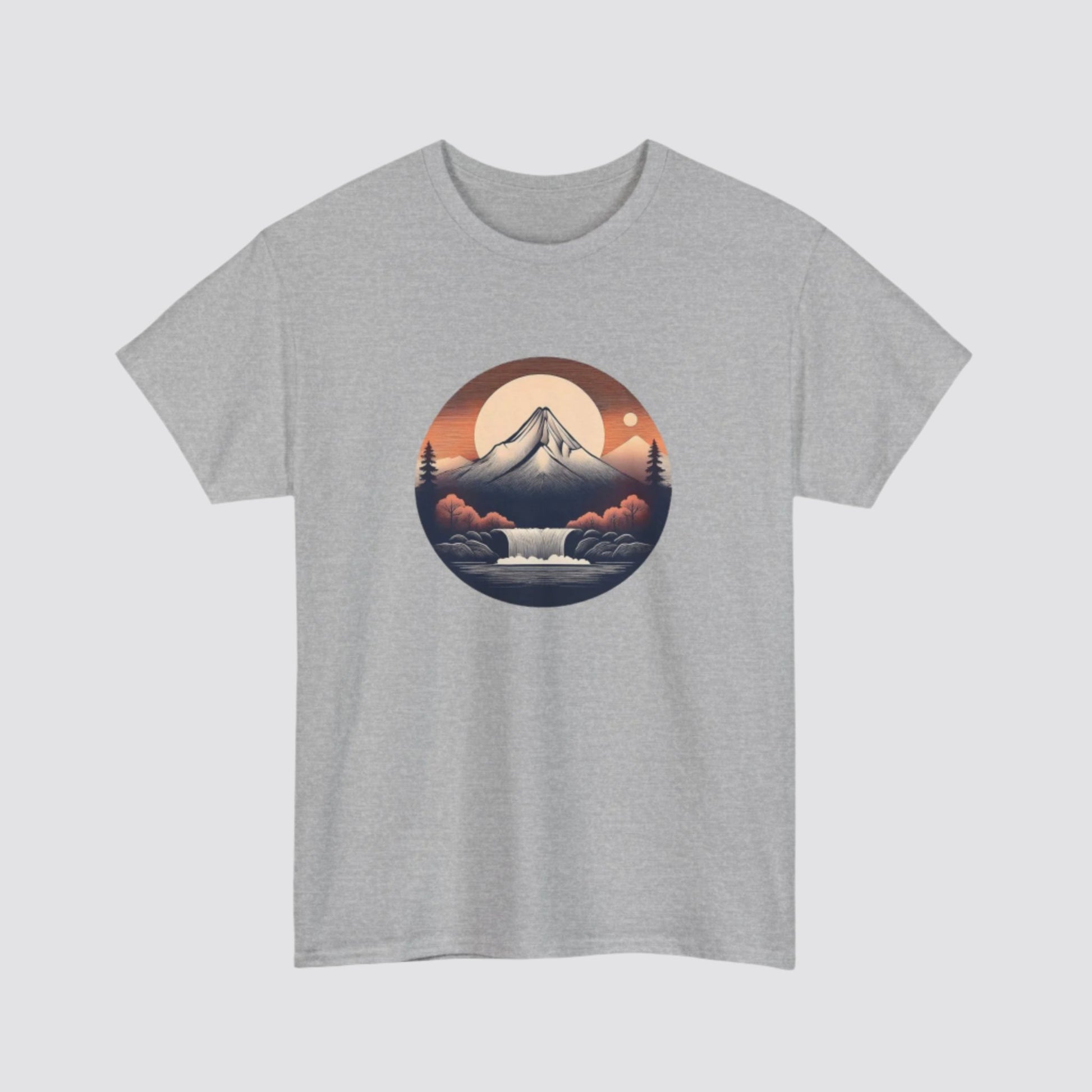 Mountain & Waterfall Nature-inspired T-shirt Sport Grey