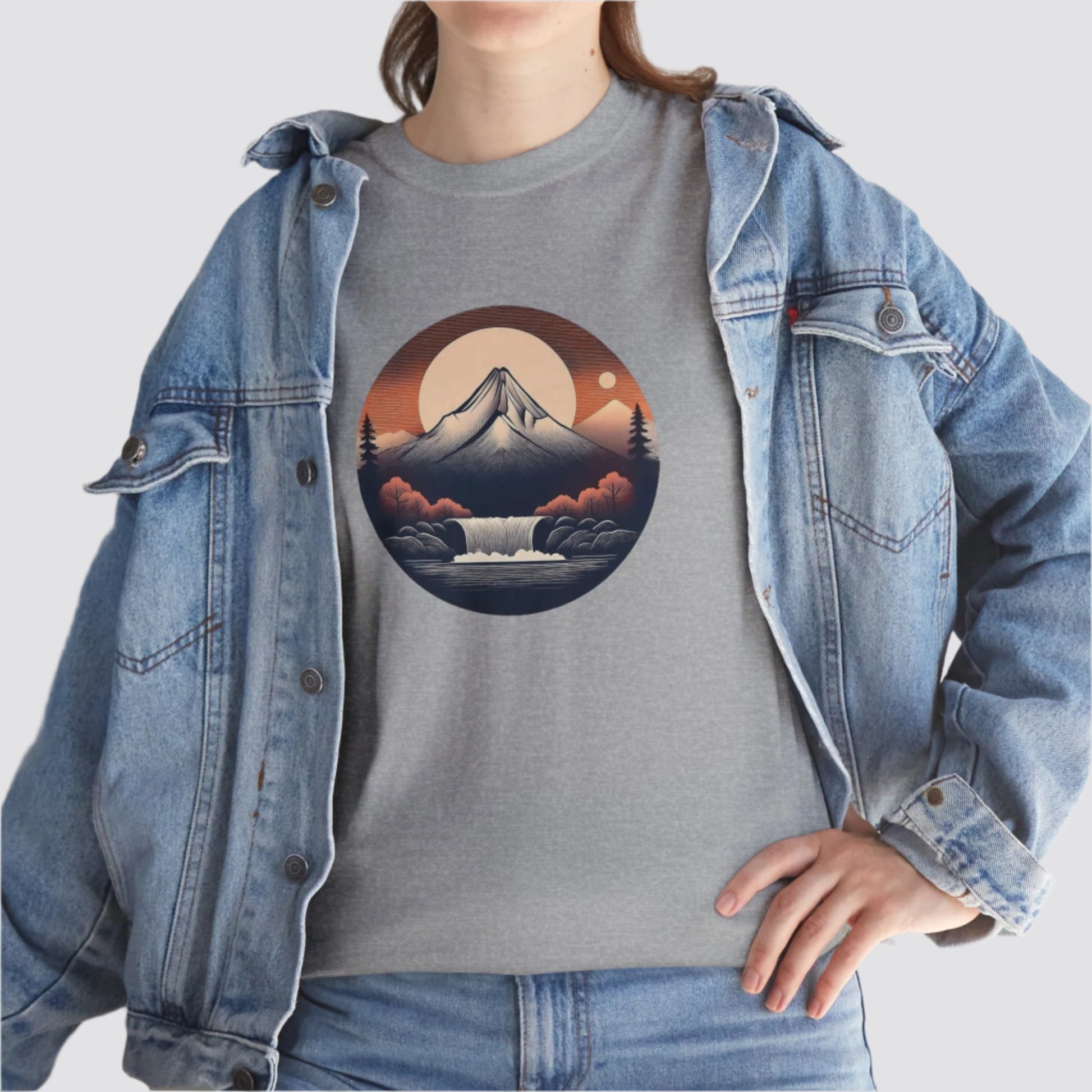 Mountain & Waterfall Nature-inspired  T-shirt Sport Grey - Model