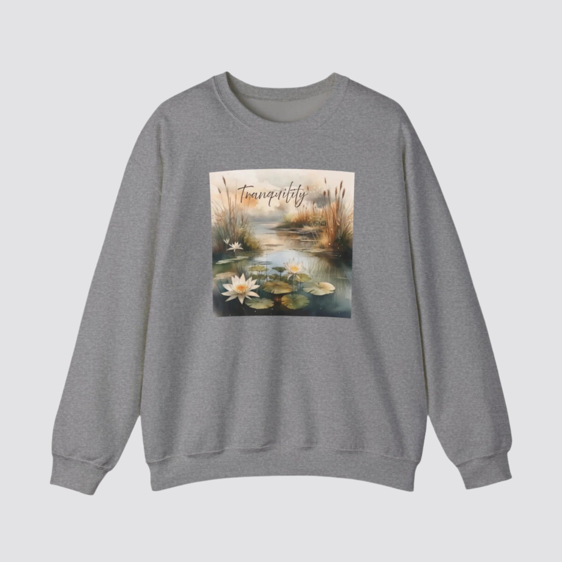 Tranquility Pond Nature-inspired Crewneck Graphite Heather