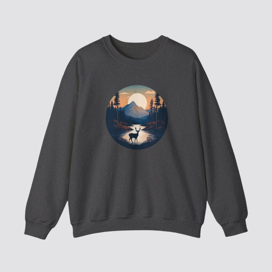 Twilight Forest Deer Nature-inspired Crewneck Dark Heather
