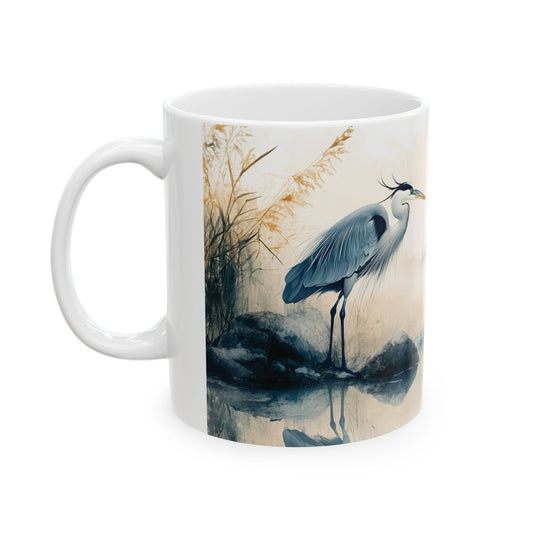 Great Blue Heron mug with watercolor design, ideal birdwatching gift and nature-themed kitchen decor.