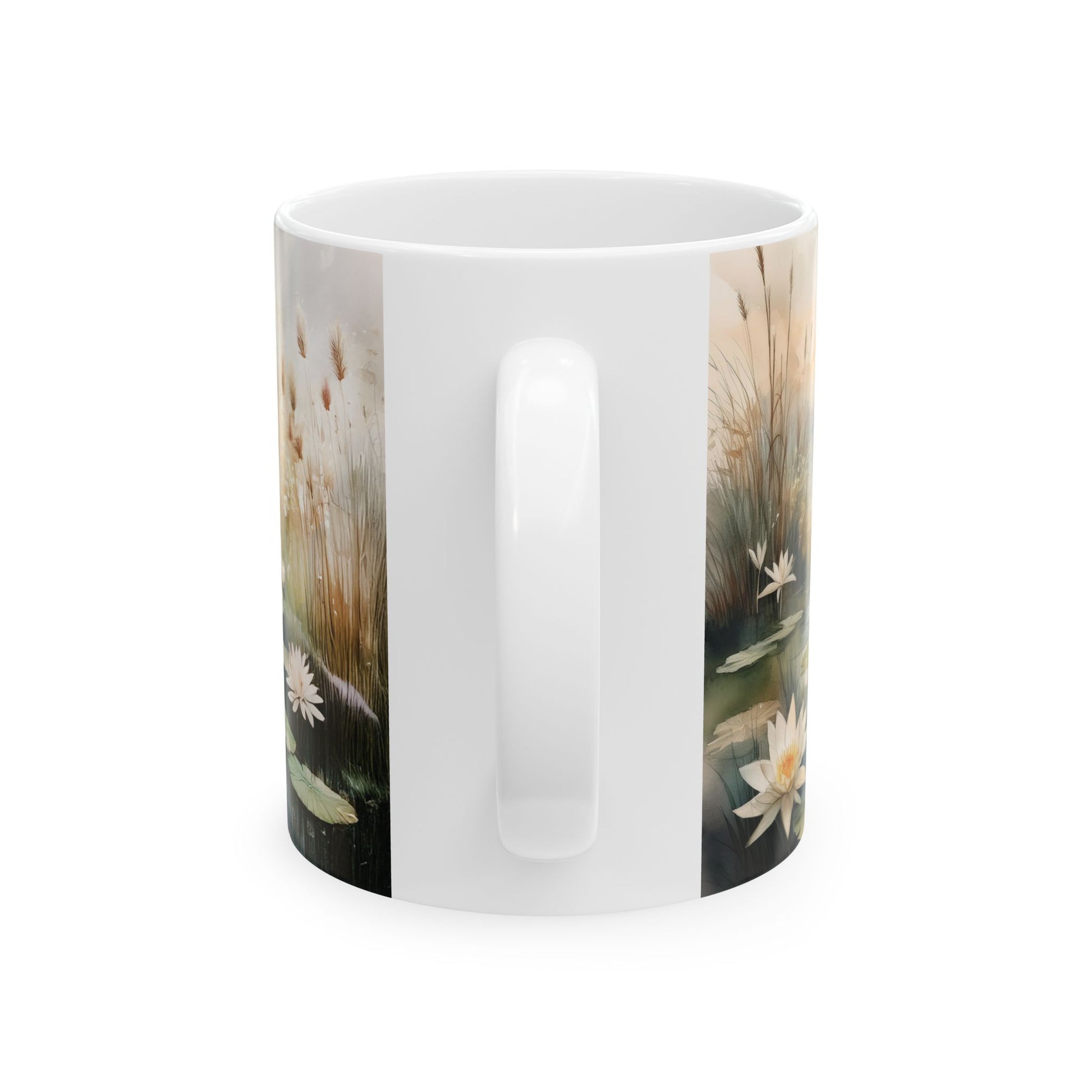 Back view of Tranquility Water Lily mug with vintage watercolor design. Perfect for nature lovers