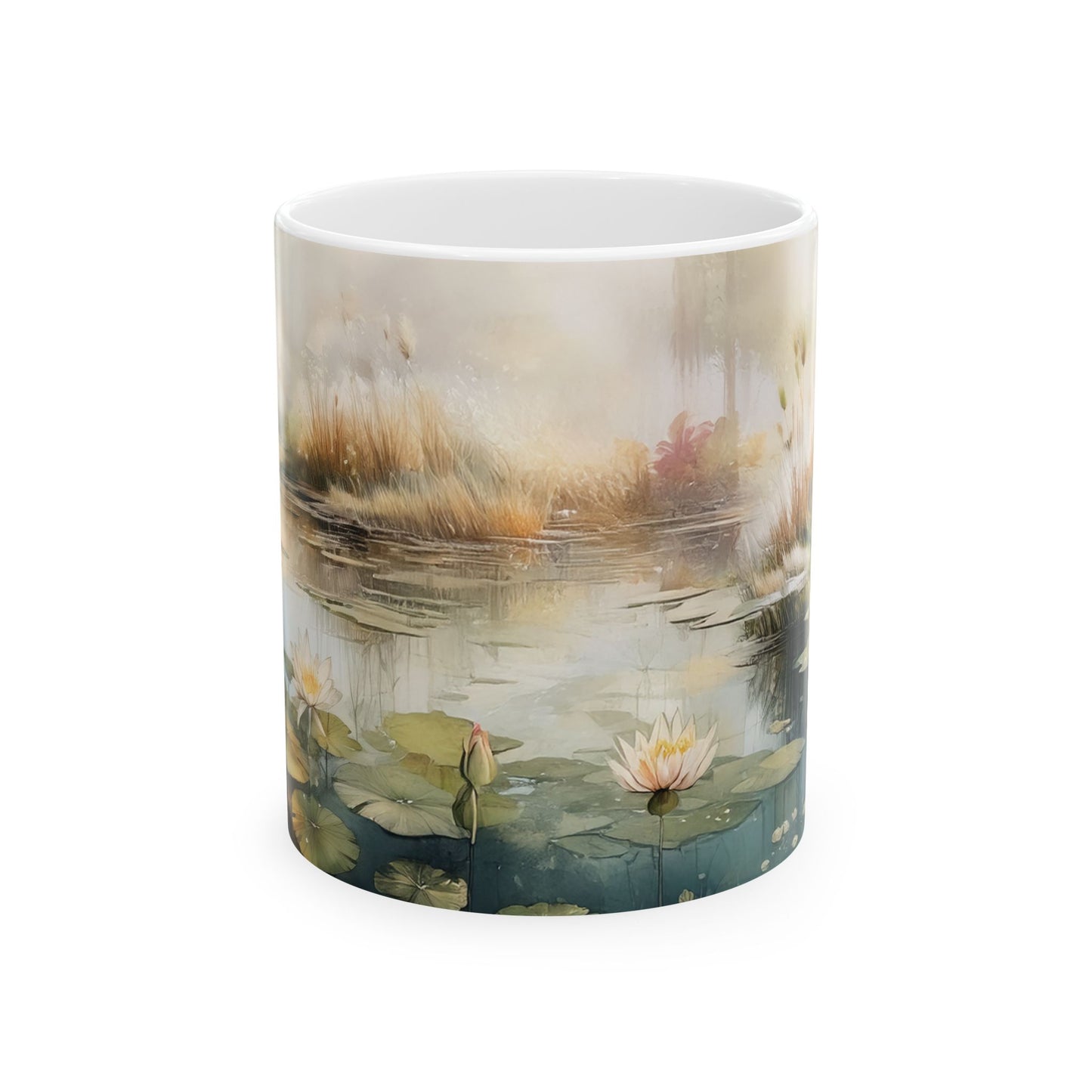 Front view of Tranquility Water Lily mug with vintage watercolor design. Perfect for nature lovers