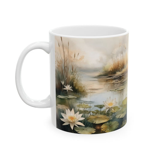 Tranquility Water Lily mug with vintage watercolor design. Perfect for nature lovers