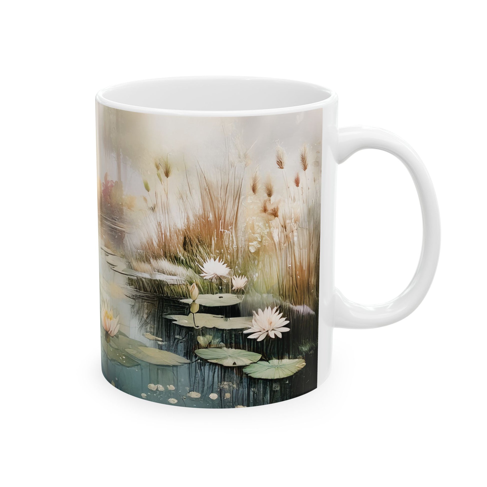 Right view of Tranquility Water Lily mug with vintage watercolor design. Perfect for nature lovers